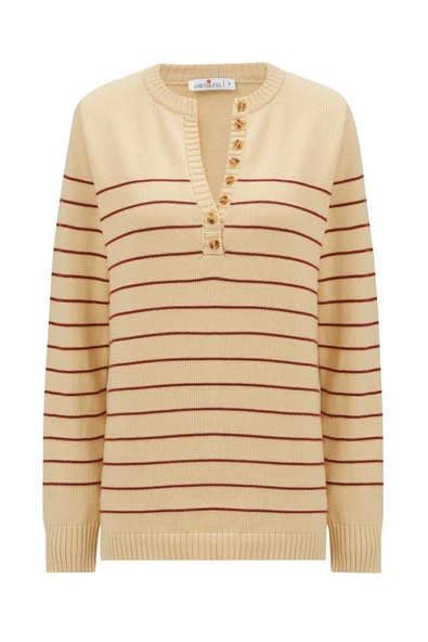 Peraluna BELUGA PULLOVER %100 Pamuk Yazlık Kadın Triko Kazak - Koyu Krem/Tarçın - Resim 8