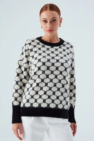 Peraluna DONNA PULLOVER Petek Desenli Kadın Triko Kazak - Siyah/Ekru - 2