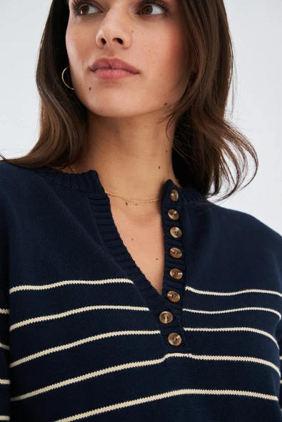 Peraluna BELUGA PULLOVER %100 Pamuk Yazlık Kadın Triko Kazak - Lacivert/Koyu Krem - Resim 4