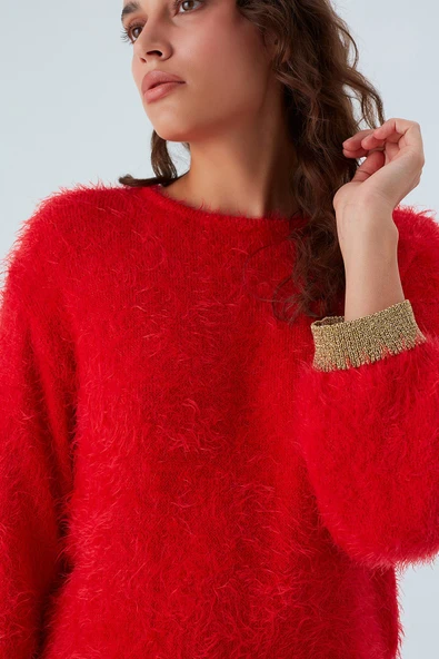 Peraluna DE VILLE PULLOVER Kol ve Etek Ucu Simli Kadın Triko Kazak - Kırmızı - Resim 4