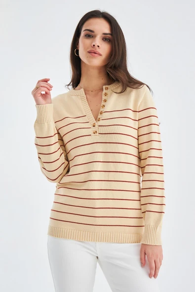 Peraluna BELUGA PULLOVER %100 Pamuk Yazlık Kadın Triko Kazak - Koyu Krem/Tarçın - Resim 6