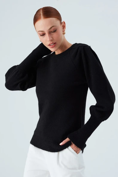 Peraluna RAKEL PULLOVER Omuz Büzgülü Yumuşak Kadın Triko Kazak - Siyah - 6