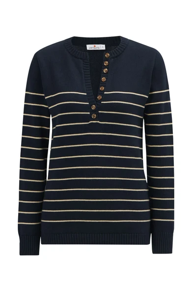 Peraluna BELUGA PULLOVER %100 Pamuk Yazlık Kadın Triko Kazak - Lacivert/Koyu Krem - Resim 9