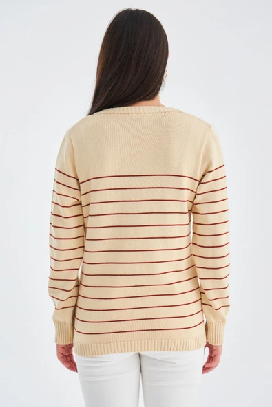 Peraluna BELUGA PULLOVER %100 Pamuk Yazlık Kadın Triko Kazak - Koyu Krem/Tarçın - Resim 7