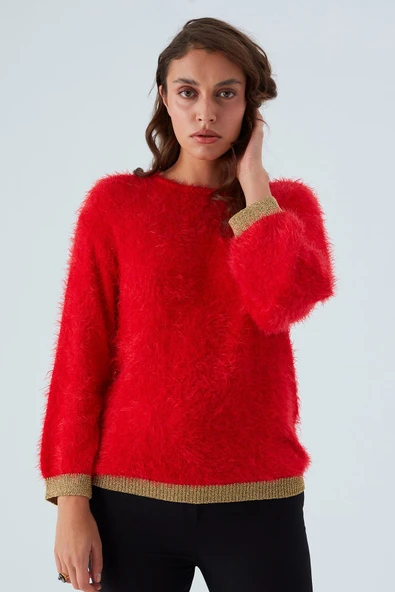 Peraluna DE VILLE PULLOVER Kol ve Etek Ucu Simli Kadın Triko Kazak - Kırmızı - Resim 2