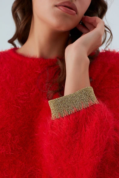 Peraluna DE VILLE PULLOVER Kol ve Etek Ucu Simli Kadın Triko Kazak - Kırmızı - Resim 3