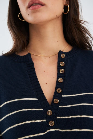 Peraluna BELUGA PULLOVER %100 Pamuk Yazlık Kadın Triko Kazak - Lacivert/Koyu Krem - Resim 5