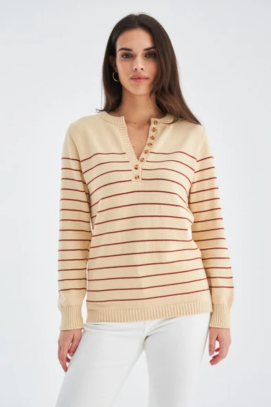 Peraluna BELUGA PULLOVER %100 Pamuk Yazlık Kadın Triko Kazak - Koyu Krem/Tarçın - Resim 2