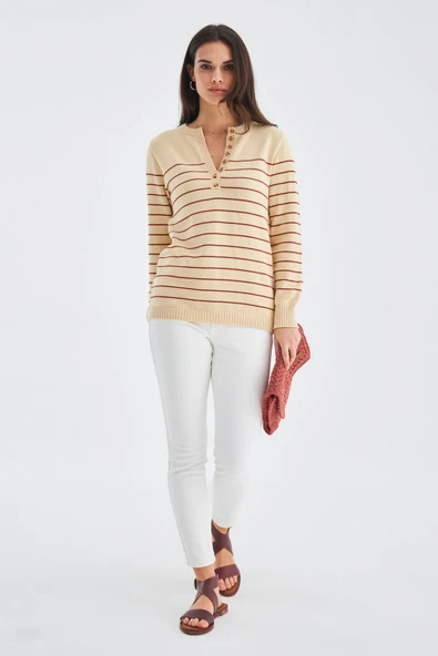 Peraluna BELUGA PULLOVER %100 Pamuk Yazlık Kadın Triko Kazak - Koyu Krem/Tarçın ürün görseli 1