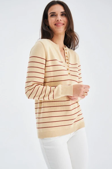 Peraluna BELUGA PULLOVER %100 Pamuk Yazlık Kadın Triko Kazak - Koyu Krem/Tarçın - Resim 5