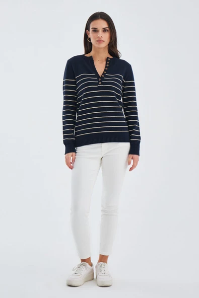 Peraluna BELUGA PULLOVER %100 Pamuk Yazlık Kadın Triko Kazak - Lacivert/Koyu Krem ürün görseli 1