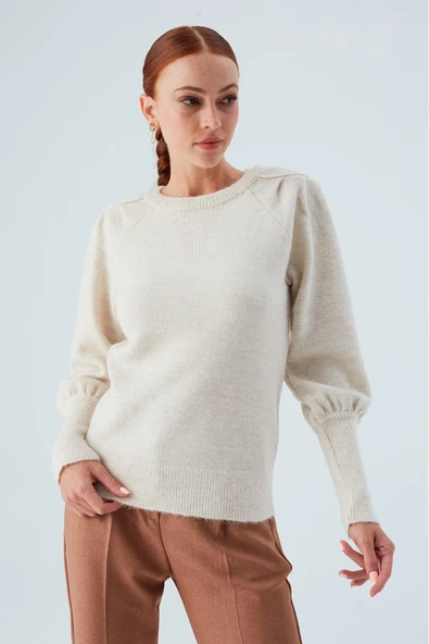 Peraluna RAKEL PULLOVER Omuz Büzgülü Yumuşak Kadın Triko Kazak - Ekru - 6