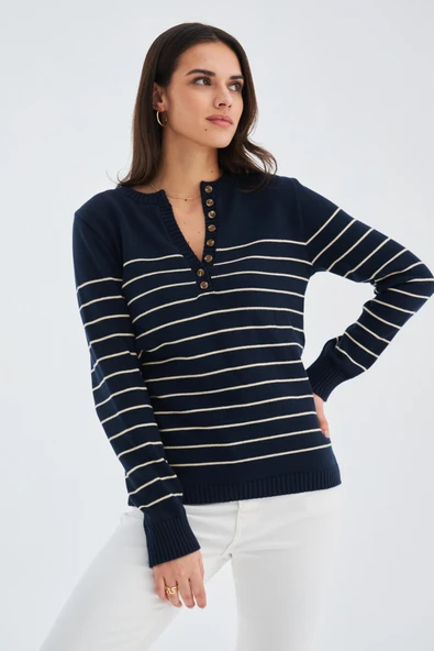 Peraluna BELUGA PULLOVER %100 Pamuk Yazlık Kadın Triko Kazak - Lacivert/Koyu Krem - Resim 6