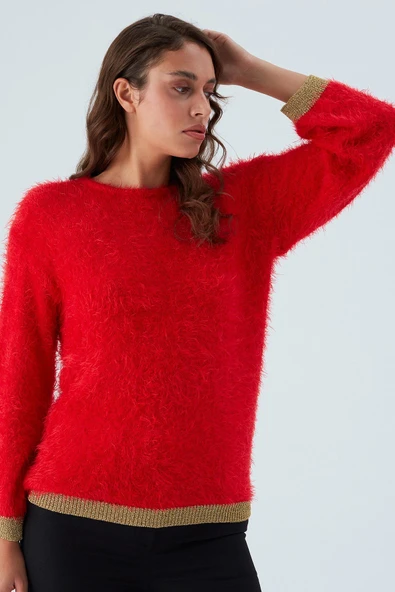 Peraluna DE VILLE PULLOVER Kol ve Etek Ucu Simli Kadın Triko Kazak - Kırmızı - Resim 5