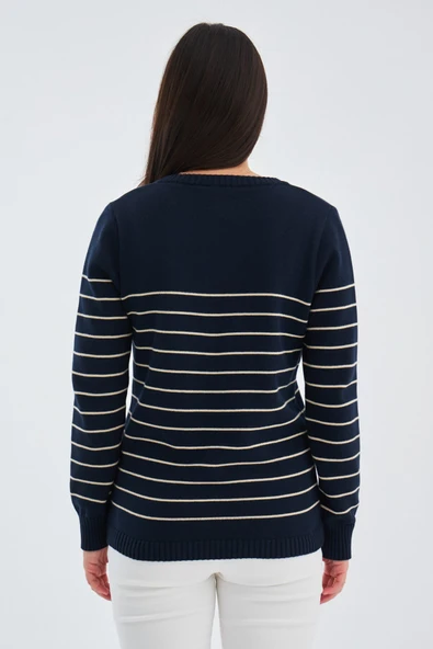 Peraluna BELUGA PULLOVER %100 Pamuk Yazlık Kadın Triko Kazak - Lacivert/Koyu Krem - Resim 8