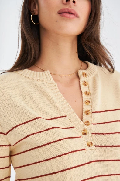 Peraluna BELUGA PULLOVER %100 Pamuk Yazlık Kadın Triko Kazak - Koyu Krem/Tarçın - Resim 4