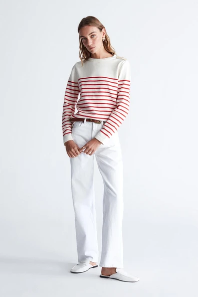 Styleboom X Peraluna AUDREY PULLOVER Omzu Düğmeli Çizgili Organik Pamuk Mevsimlik Kadın Triko Kazak - Ekru/Kırmızı - Resim 2