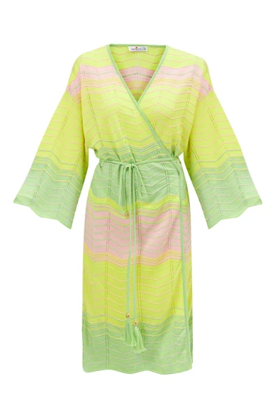 Peraluna SAKURA Çan Kollu Viskonlu Yazlık Kadın Triko Kimono - Lime Melanj - 9