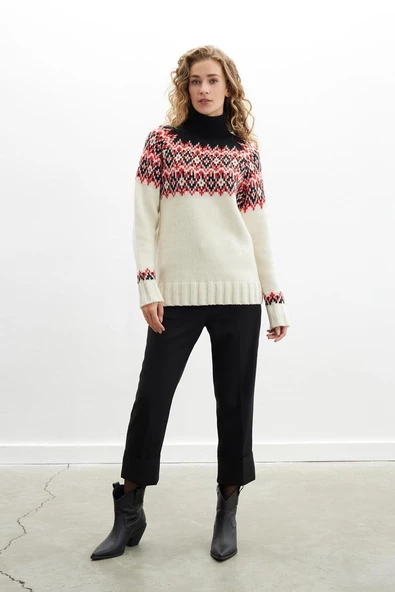 Styleboom X Peraluna COTSWOLD FAIR ISLE PULLOVER Balıkçı Yaka Baklava Desen Kazak Kadın Triko Kazak - Ekru Multi