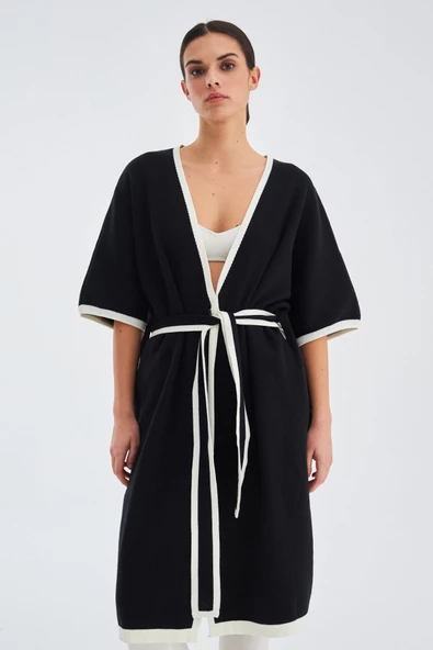 Peraluna SOHO Kısa Kollu %100 Pamuk Kadın Triko Kimono - Siyah/Ekru - 4
