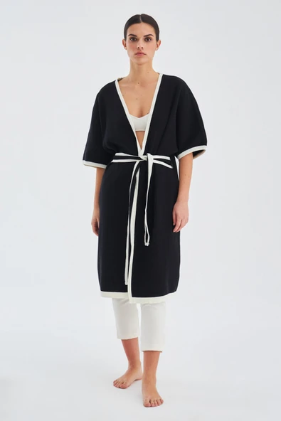 Peraluna SOHO Kısa Kollu %100 Pamuk Kadın Triko Kimono - Siyah/Ekru - 1