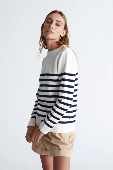 Styleboom X Peraluna BARDOT PULLOVER Omzu Düğmeli Çizgili Organik Pamuk Mevsimlik Kadın Triko Kazak - Ekru/Lacivert - 2