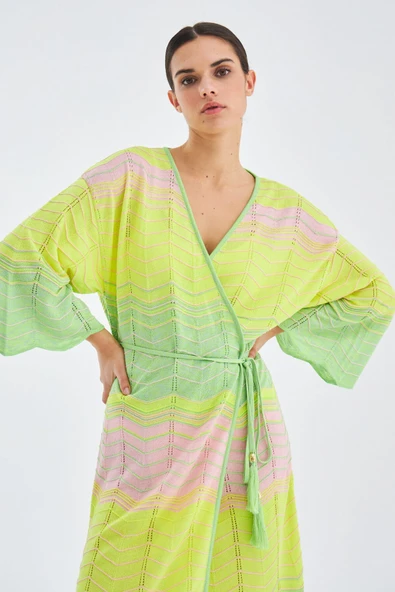 Peraluna SAKURA Çan Kollu Viskonlu Yazlık Kadın Triko Kimono - Lime Melanj - 4
