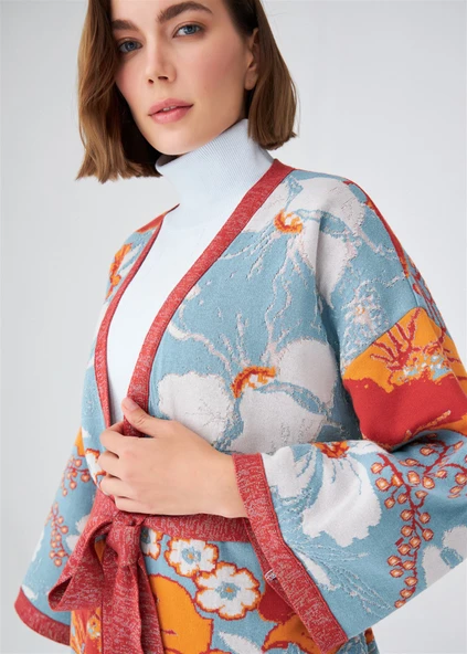 Peraluna Çicek Desenli Bol Kesim Pamuklu Kadın Triko Kimono - Çok Renkli - 4