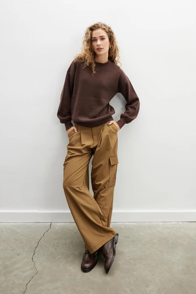 Peraluna ANNETTE PULLOVER Bisiklet Yaka Büzgü Kol Kadın Triko Kazak - Koyu Kahve ürün görseli 1