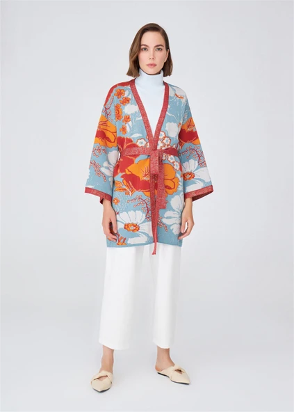 Peraluna Çicek Desenli Bol Kesim Pamuklu Kadın Triko Kimono - Çok Renkli