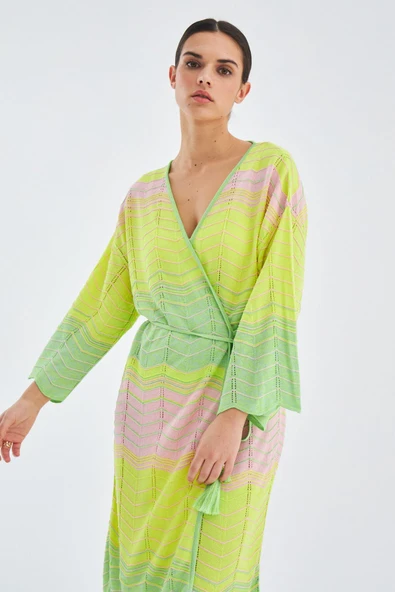 Peraluna SAKURA Çan Kollu Viskonlu Yazlık Kadın Triko Kimono - Lime Melanj - 7