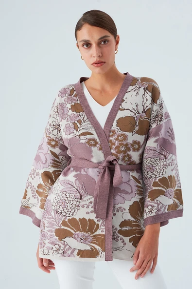Peraluna Çicek Desenli Bol Kesim Pamuklu Kadın Triko Kimono - Mor - 2
