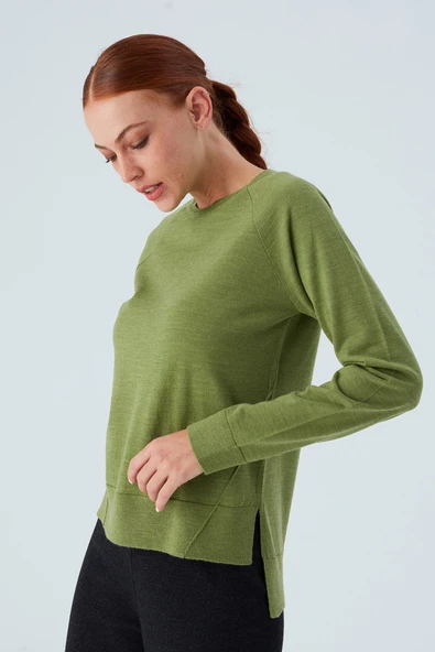 Peraluna VANESSA PULLOVER Merino Yünlü Yanları Yırtmaçlı Ince Kadın Triko Kazak - Yeşil - Resim 7