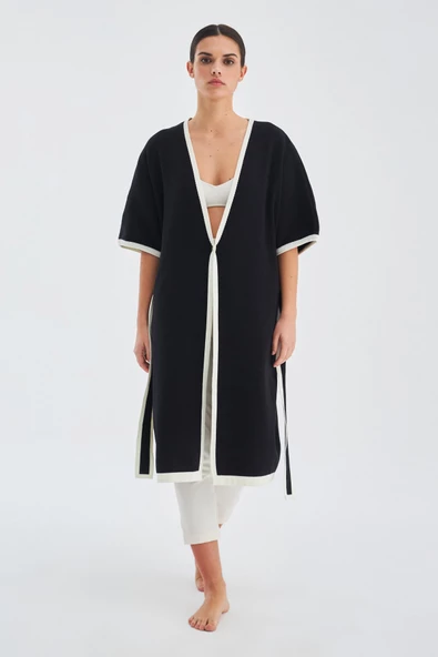 Peraluna SOHO Kısa Kollu %100 Pamuk Kadın Triko Kimono - Siyah/Ekru - 6