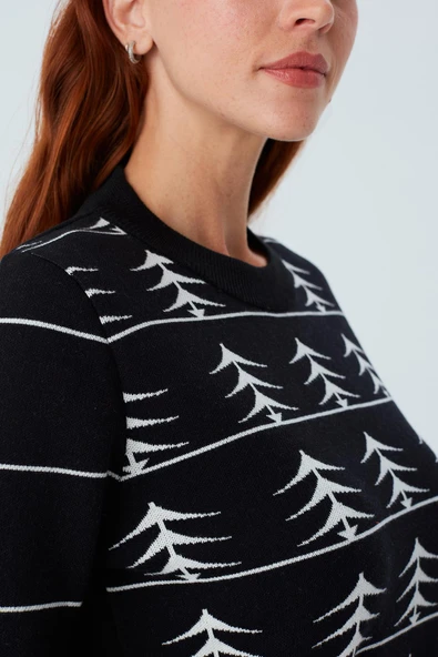 Peraluna GEMINI PULLOVER Ağaç Desenli Standart Kesim Kadın Triko Kazak - Siyah/Ekru - 6