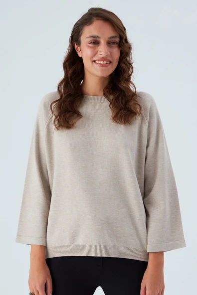 Peraluna NELL PULLOVER Yanları Yırtmaçlı 3/4 Kol İnce Kadın Triko Kazak - Bej Melanj - Resim 6