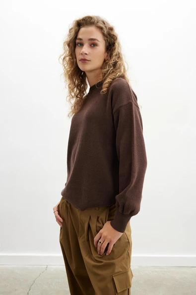 Peraluna ANNETTE PULLOVER Bisiklet Yaka Büzgü Kol Kadın Triko Kazak - Koyu Kahve - Resim 4