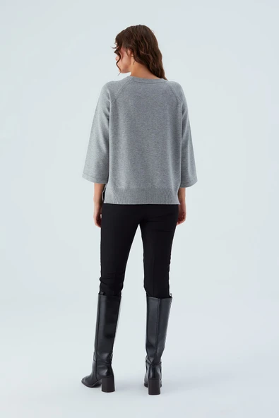 Peraluna NELL PULLOVER Yanları Yırtmaçlı 3/4 Kol İnce Kadın Triko Kazak - Gri Melanj - Resim 7