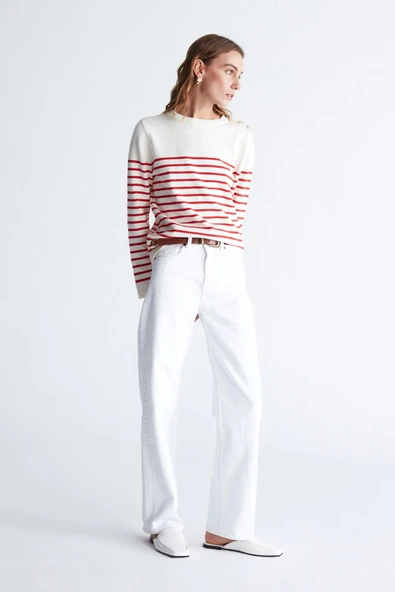 Styleboom X Peraluna AUDREY PULLOVER Omzu Düğmeli Çizgili Organik Pamuk Mevsimlik Kadın Triko Kazak - Ekru/Kırmızı - Resim 8