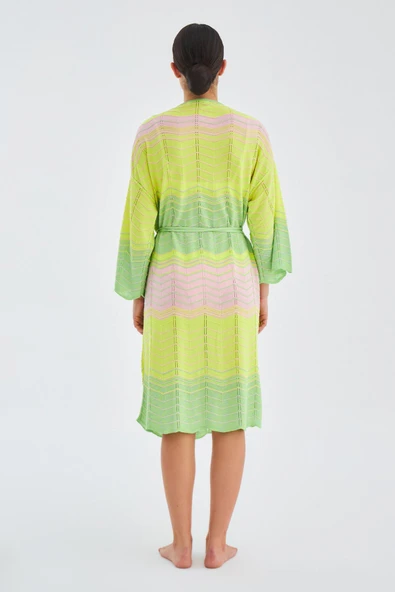 Peraluna SAKURA Çan Kollu Viskonlu Yazlık Kadın Triko Kimono - Lime Melanj - 8