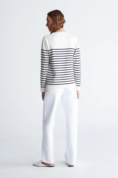 Styleboom X Peraluna AUDREY PULLOVER Omzu Düğmeli Çizgili Organik Pamuk Mevsimlik Kadın Triko Kazak - Ekru/Lacivert - 8