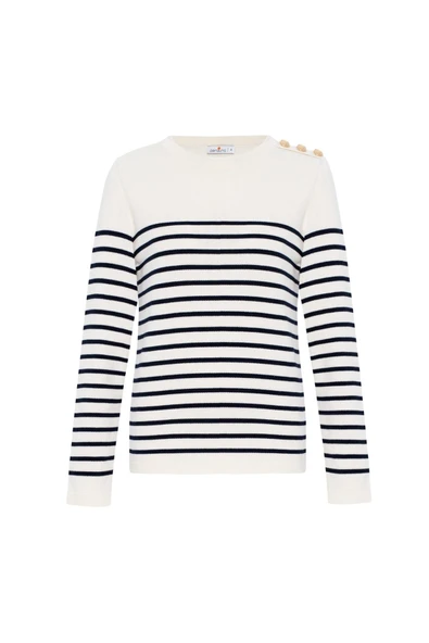 Styleboom X Peraluna AUDREY PULLOVER Omzu Düğmeli Çizgili Organik Pamuk Mevsimlik Kadın Triko Kazak - Ekru/Lacivert - Resim 9