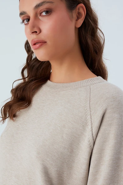 Peraluna NELL PULLOVER Yanları Yırtmaçlı 3/4 Kol İnce Kadın Triko Kazak - Bej Melanj - Resim 3