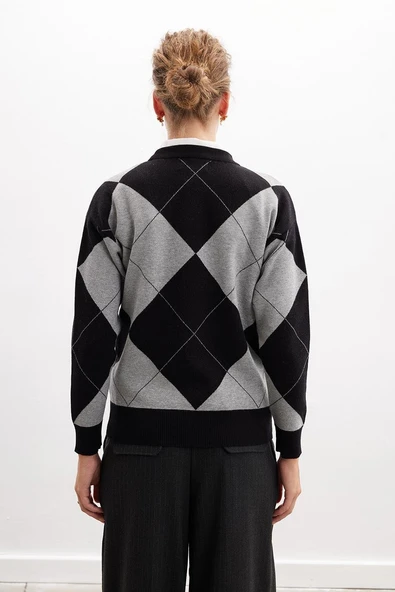 Styleboom X Peraluna OXFORD PULLOVER Bisiklet Yaka Baklava Desen Kadın Triko Kazak - Siyah - 6