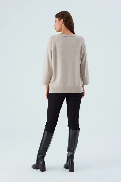 Peraluna NELL PULLOVER Yanları Yırtmaçlı 3/4 Kol İnce Kadın Triko Kazak - Bej Melanj - Resim 8