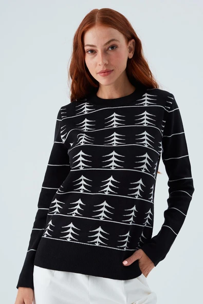 Peraluna GEMINI PULLOVER Ağaç Desenli Standart Kesim Kadın Triko Kazak - Siyah/Ekru - 2