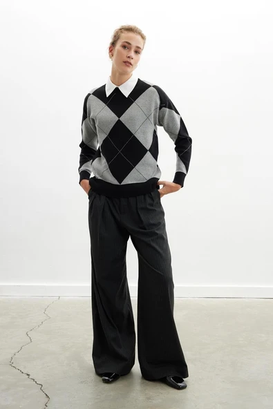 Styleboom X Peraluna OXFORD PULLOVER Bisiklet Yaka Baklava Desen Kadın Triko Kazak - Siyah - 2
