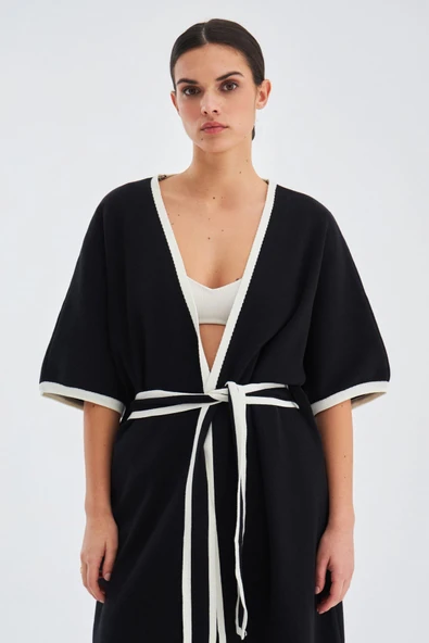 Peraluna SOHO Kısa Kollu %100 Pamuk Kadın Triko Kimono - Siyah/Ekru - 2