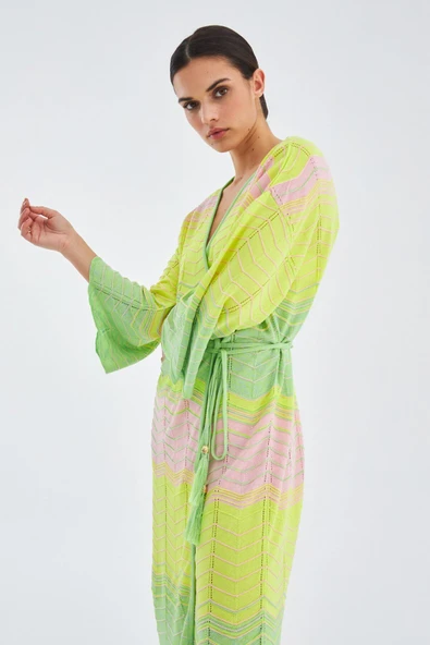 Peraluna SAKURA Çan Kollu Viskonlu Yazlık Kadın Triko Kimono - Lime Melanj - 6