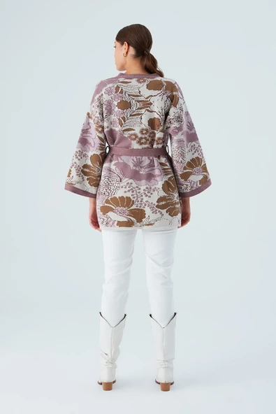 Peraluna Çicek Desenli Bol Kesim Pamuklu Kadın Triko Kimono - Mor - 8